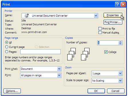 Select Universal Document Converter from the printers list and press Properties button.